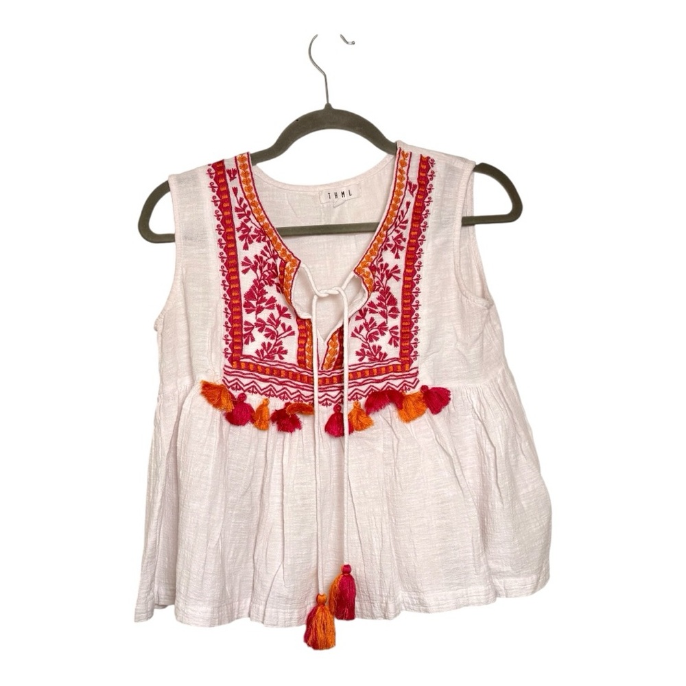 THML White Pink Orange Embroidered Tassel Boho Peplum Top Preppy Hippie Small
